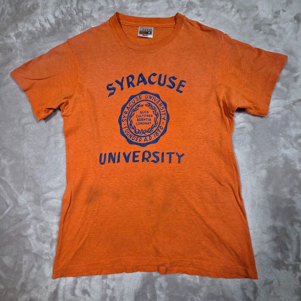 Vintage 1980s Syracuse University T Shirt Orange Hanes USA Mens M 38-40